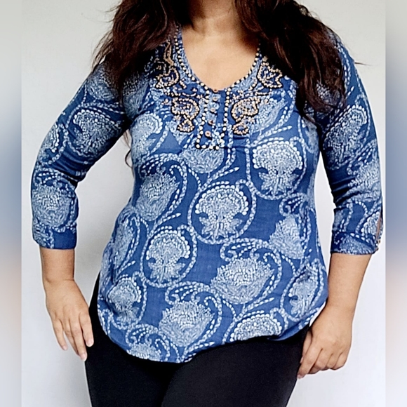 Lucky Brand Women's Boho Blouse Cotton/Rayon Beaded Blue/White Small - Picture 5 of 16